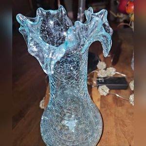 Stunning Vintage Crackle Glass Clear Vase Ruffled Edge 8 1/2” MCM